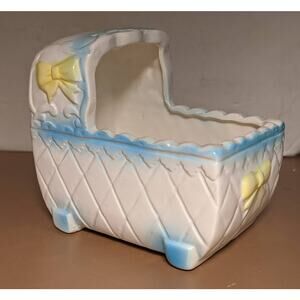 Giftwares Co Nancy Pew Baby Cradle Bassinet Planter Blue White Yellow Bows